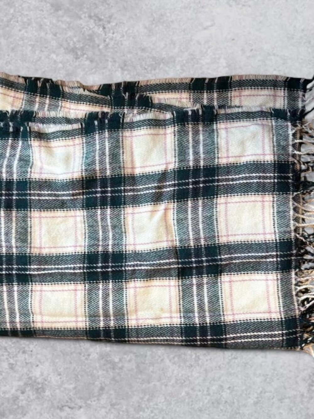 Apt. 9 cream, pink, and green plaid rectangle scarf with fringe